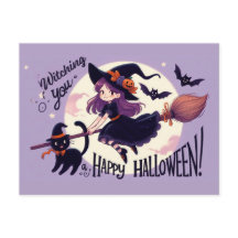 Dibujo divertido de Halloween con bruja y gato