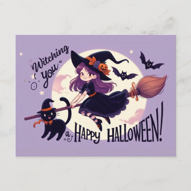 Postal Dibujo divertido de Halloween con bruja y gato (Anverso)