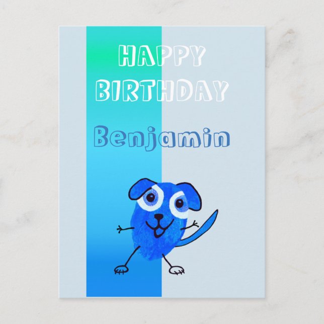 Postal Dibujo divertido de perro azul Feliz cumpleaños ni (Anverso)