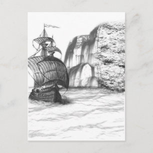 Postal Dibujo en blanco y negro de un barco de vela
