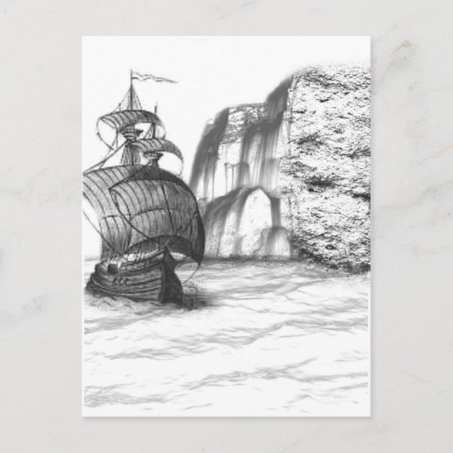 Postal Dibujo en blanco y negro de un barco de vela (Anverso)