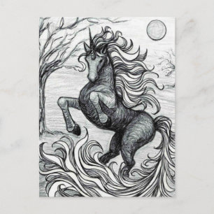 Postal Dibujo en blanco y negro de Unicornio de Unicornio
