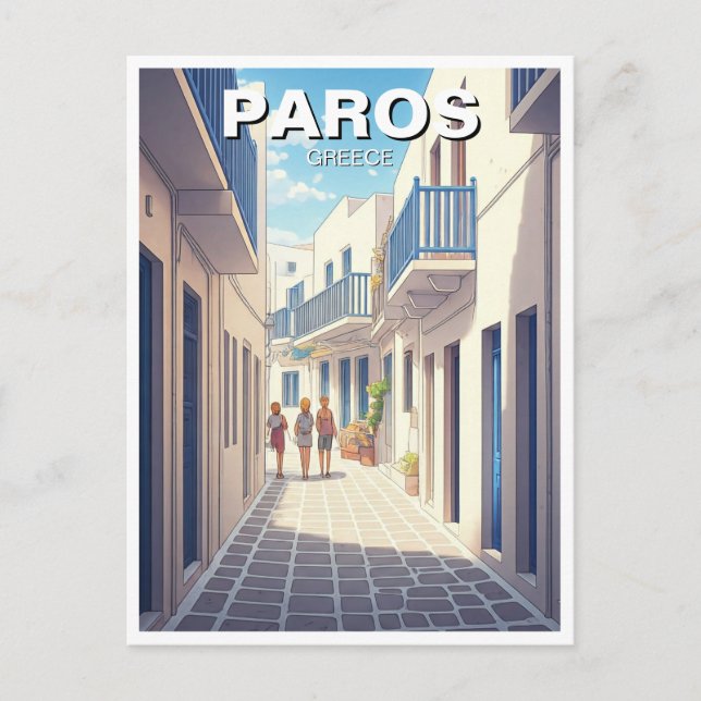 Postal Dibujo en la calle Cobblestone de Paros Grecia (Anverso)