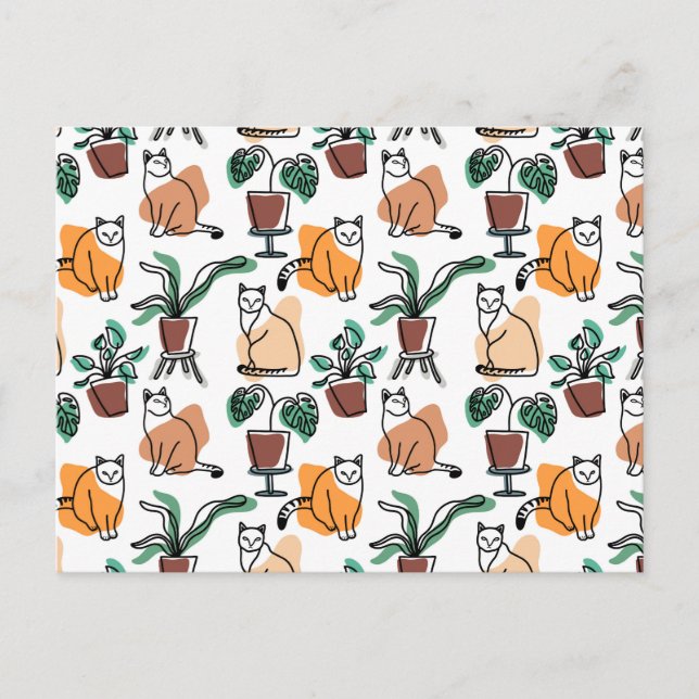 Postal Dibujo en línea de gatos y flores (Anverso)