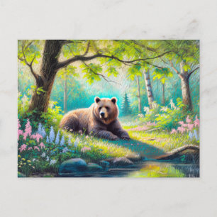 Postal Dibujo en tiza pastel de oso en claro del bosque