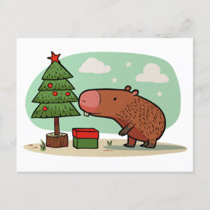 Postal Dibujo Encantador de Capibara Navideño Juguetón