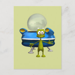 Postal Dibujo Espacial de Dibujos Animados de Ovni Alien