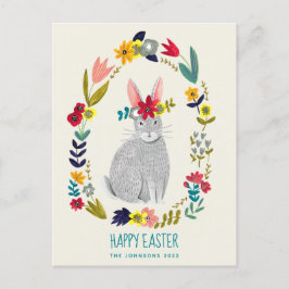 Postal Dibujo floral gris de conejo de Pascua