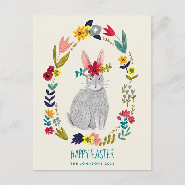 Postal Dibujo floral gris de conejo de Pascua (Anverso)