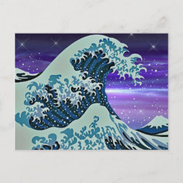 Postal Dibujo japonés de ola de tsunami azul