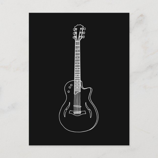 Postal Dibujo lineal de guitarra semiacústica monocroma (Anverso)