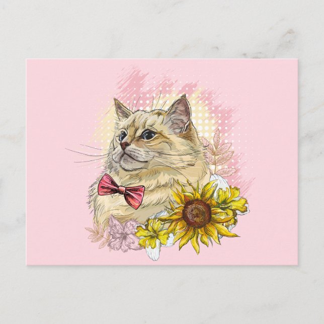 Postal Dibujo manual divertido gato Red Ragdoll con flore (Anverso)