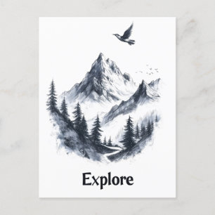 Postal Dibujo paisajístico de montaña con pájaro volador