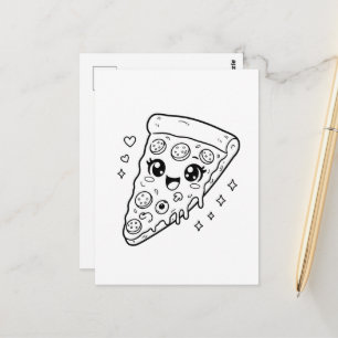 Postal Dibujo para colorear de una porción de pizza kawai