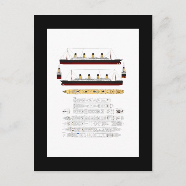 Postal Dibujo Titanic RMS y diagrama (Anverso)