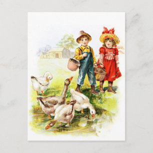 Postal Dibujo vintage: Alimentando a los gansos