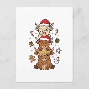 Postal Dibujo vintage de Navidad de vaca de las Highlands