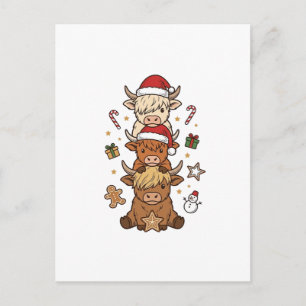 Postal Dibujo vintage de Navidad de vaca de las Highlands