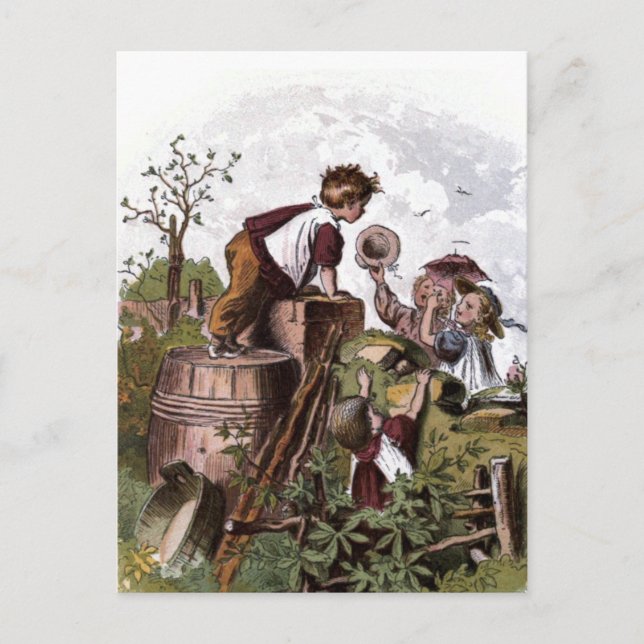 Postal Dibujo vintage: Jugando niños (Anverso)