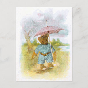 Postal Dibujo vintage: Oso de Teddy bajo la lluvia