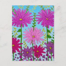 Postal Dibujo vivo de flores rosadas en azul