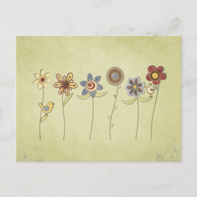 Postal dibujos de flores y aves adorables (Anverso)