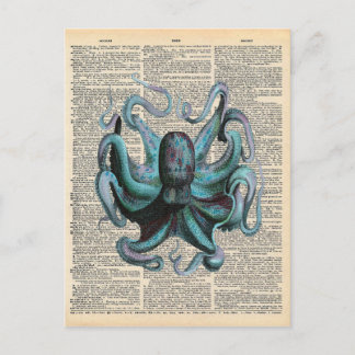 Postal Diccionario vintage Art Blue Ocean Octopus