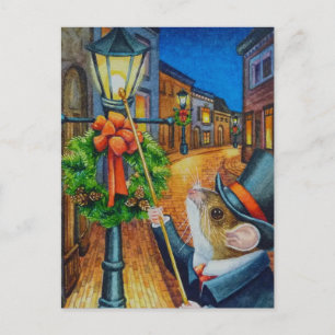 Postal Dickens Navidades Lamplighter Mouse Watercolor Art