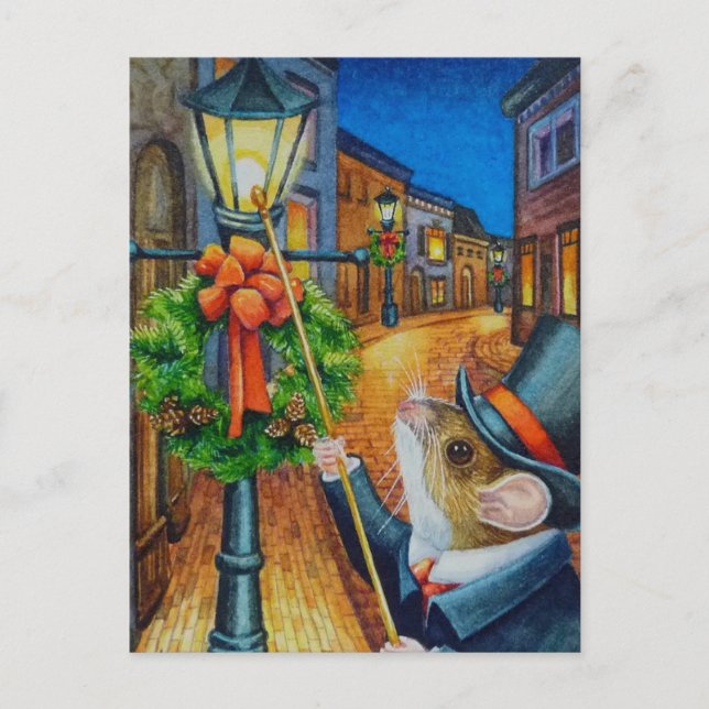 Postal Dickens Navidades Lamplighter Mouse Watercolor Art (Anverso)