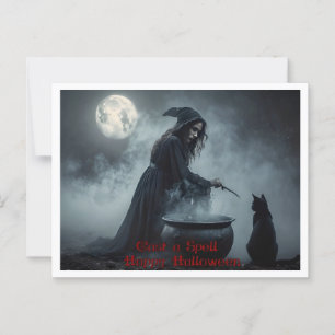 Postal Difundir un hechizo, bruja, gato negro, Halloween 