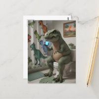 Dino en teléfono móvil sobre el inodoro