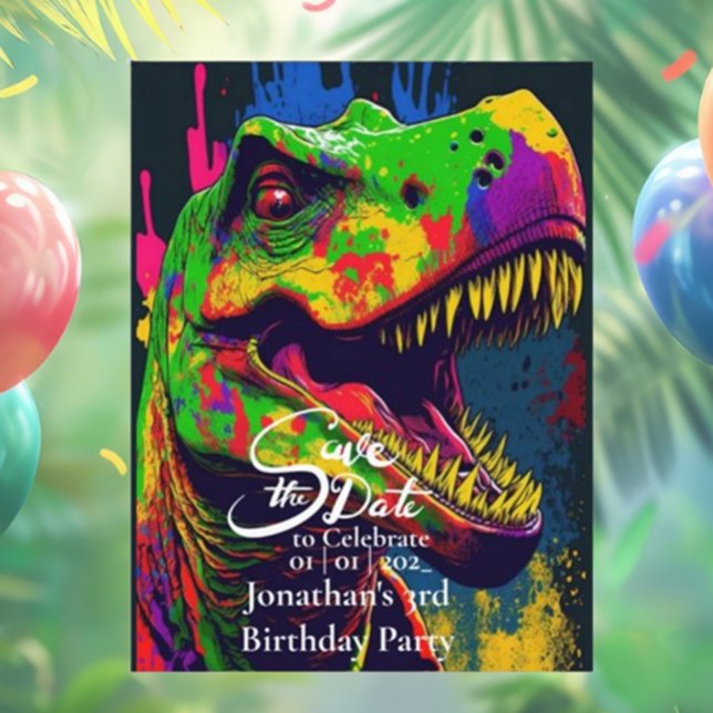 Postal Dino Feliz T-Rex Guardar la fecha  (Dino Happy T-Rex Save the Date Postcard for Fun Events!)