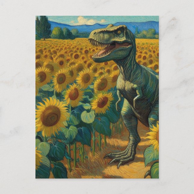 Postal Dino T-Rex en el campo de girasol Van Gogh (Anverso)