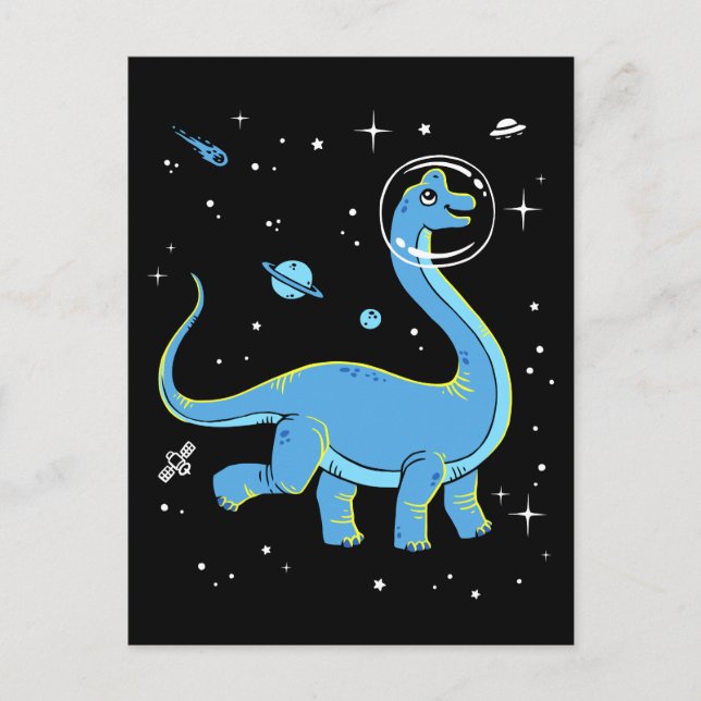 Postal Dinos De Brachiosauro Azul En El Espacio (Anverso)