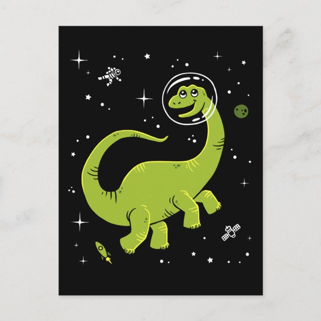 Postal Dinos De Brontosauro Verdes En El Espacio (Anverso)