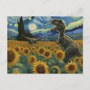 Postal Dinos T-Rex en los girasoles nocturnos Van Gogh St