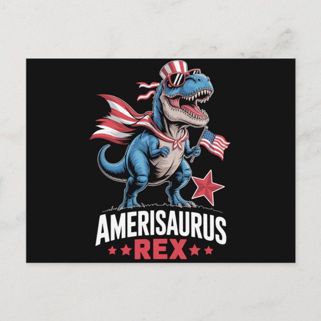 Postal Dinosaur 4 de julio Amerisaurus T Rex Divertido (Anverso)