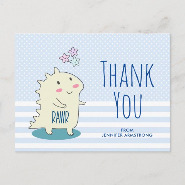 Postal Dinosaurio Amarillo Adorable con Estrellas Felices (Anverso)