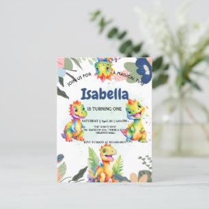 Postal Dinosaurio arcoiris floral lindo Fiesta de cumplea