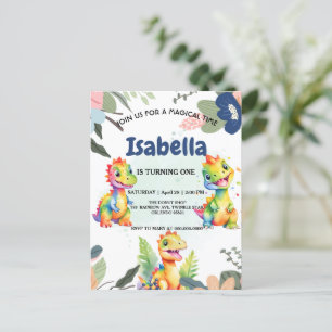 Postal Dinosaurio arcoiris floral lindo Fiesta de cumplea