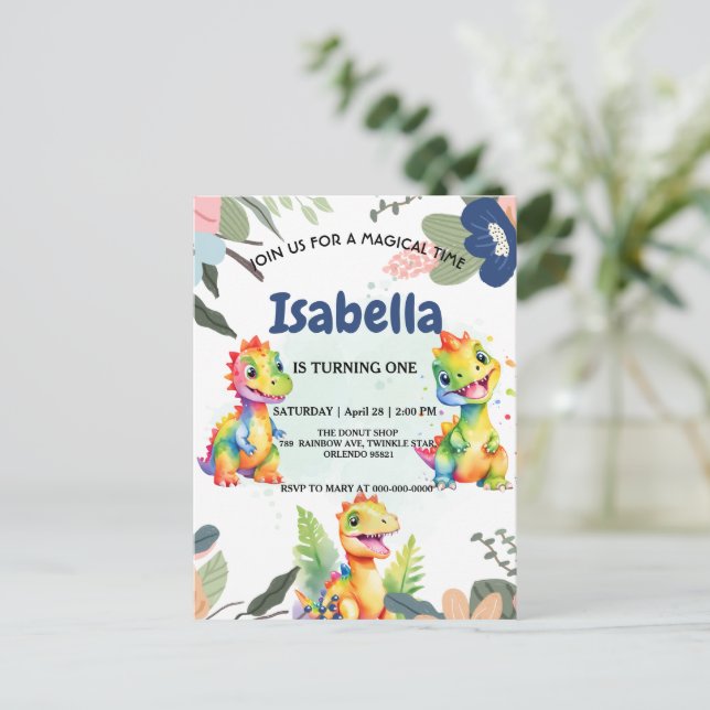 Postal Dinosaurio arcoiris floral lindo Fiesta de cumplea (Anverso de pie)