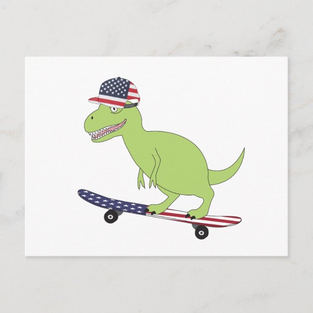 Postal Dinosaurio con monopatín de la bandera americana (Anverso)