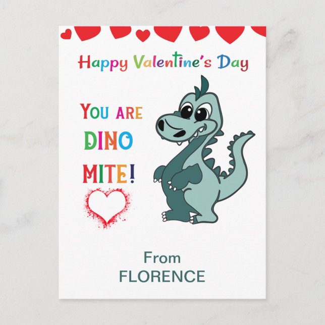 Postal Dinosaurio de aula Día de San Valentín para niños  (Anverso)