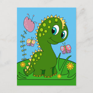 Postal Dinosaurio de dibujos animados, flores y mariposas