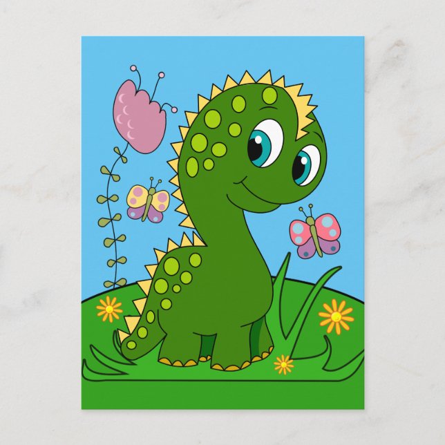 Postal Dinosaurio de dibujos animados, flores y mariposas (Anverso)