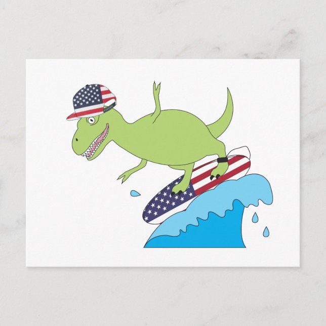 Postal Dinosaurio de la bandera americana haciendo surf (Anverso)