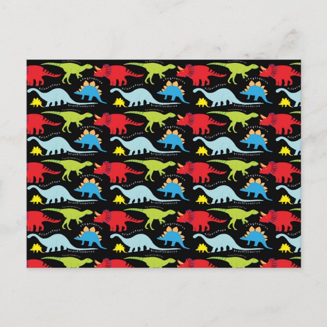 Postal Dinosaurio diseña el verde rojo azul en negro (Anverso)