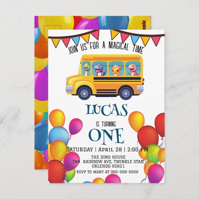 Postal Dinosaurio divertido De vuelta al autobús escolar  (Anverso / Reverso)