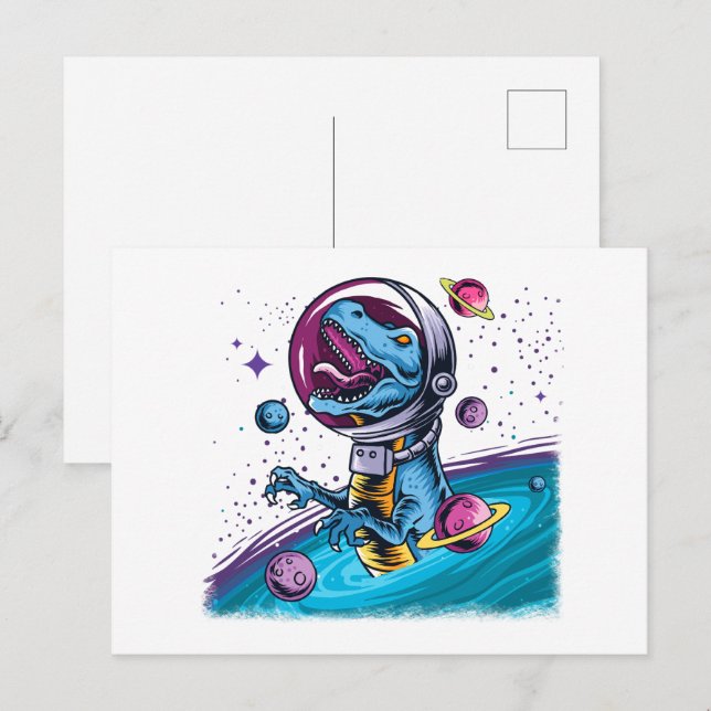 Postal Dinosaurio divertido T-Rex en el espacio (Anverso / Reverso)