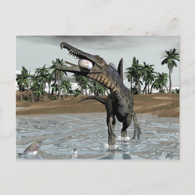 Postal Dinosaurio espinosaurio comiendo peces - rendiment (Anverso)